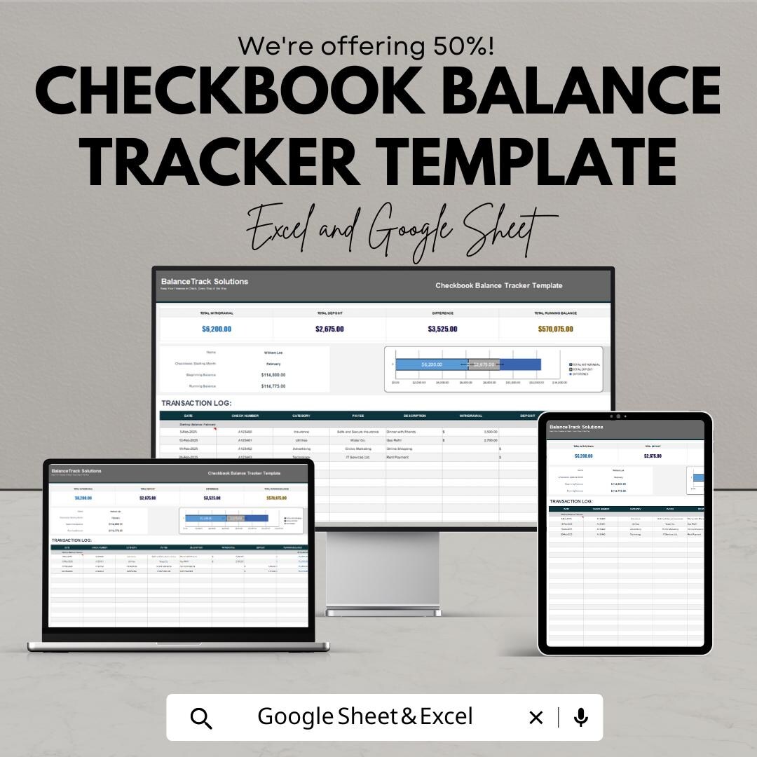 Checkbook Balance Tracker Template | Google Sheets & Excel | Digital ...