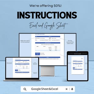 May include: A digital display with the text "INSTRUCTIONS" and "Excel and Google Sheet". A laptop and tablet display the same document. The text "We're offering 50%!" is at the top. The bottom has a search bar with "Google Sheet & Excel".