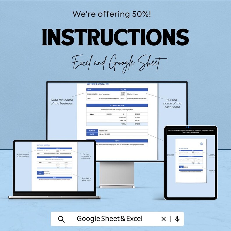 May include: A digital display with the text "INSTRUCTIONS" and "Excel and Google Sheet". A laptop and tablet display the same document. The text "We're offering 50%!" is at the top. The bottom has a search bar with "Google Sheet & Excel".