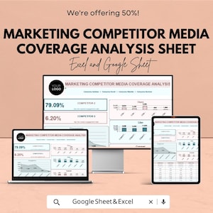 May include: A digital marketing graphic with the text "MARKETING COMPETITOR MEDIA COVERAGE ANALYSIS SHEET" displayed on a laptop, desktop monitor, and tablet. The image also includes the text "Excel and Google Sheet" and "We're offering 50%!"