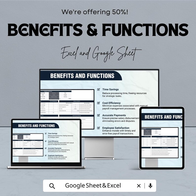 Pode incluir: Um an&uacute;ncio dos benef&iacute;cios e fun&ccedil;&otilde;es do Excel e do Google Sheet. A imagem mostra um laptop, um monitor de desktop e um tablet exibindo uma planilha com o texto "Benefits and Functions". O texto destaca a economia de tempo, a efici&ecirc;ncia de custos, pagamentos precisos e a satisfa&ccedil;&atilde;o dos funcion&aacute;rios.