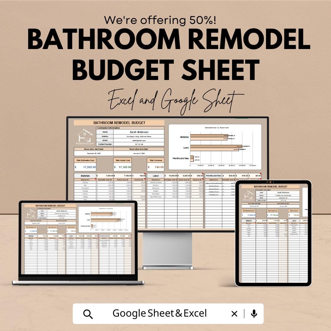 Bathroom Remodel Budget Sheet | Excel & Google Sheets Template ...