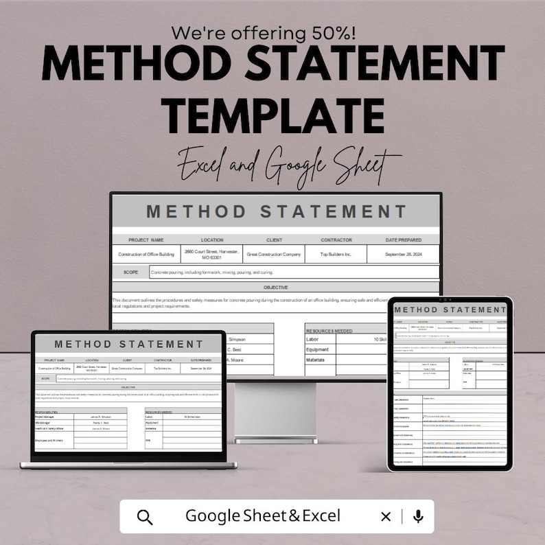 May include: A digital marketing image showcasing a method statement template for Excel and Google Sheets. The image displays the template on a laptop, desktop monitor, and tablet, with the text "METHOD STATEMENT TEMPLATE" prominently displayed.