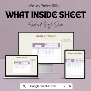 K&ouml;nnte beinhalten: Werbung f&uuml;r eine digitale "Sample Tracker"-Vorlage, die auf einem Laptop, einem Desktop-Monitor und einem Tablet angezeigt wird. Das Bild enth&auml;lt den Text "WHAT INSIDE SHEET" und "Excel and Google Sheet". Das Angebot gilt f&uuml;r 50 % Rabatt.