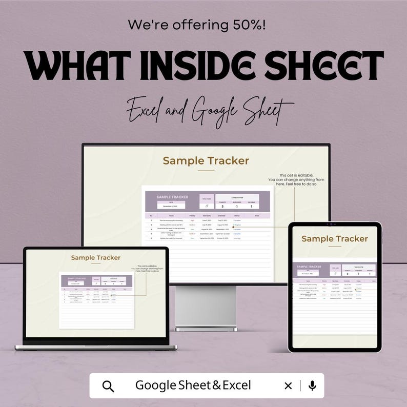 K&ouml;nnte beinhalten: Werbung f&uuml;r eine digitale "Sample Tracker"-Vorlage, die auf einem Laptop, einem Desktop-Monitor und einem Tablet angezeigt wird. Das Bild enth&auml;lt den Text "WHAT INSIDE SHEET" und "Excel and Google Sheet". Das Angebot gilt f&uuml;r 50 % Rabatt.