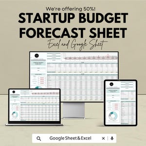 Puede incluir: Imagen promocional de una hoja de previsión presupuestaria para startups en un portátil, un monitor de escritorio y una tableta. El texto dice: "We're offering 50%! STARTUP BUDGET FORECAST SHEET Excel and Google Sheet."