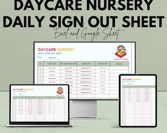 May include: A digital display of a daycare daily sign-out sheet on a computer monitor, laptop, and tablet. The text reads "Daycare Nursery Daily Sign Out Sheet" and "Excel and Google Sheet". The image also includes the text "We're offering 50%!" and "Google Sheet & Excel".