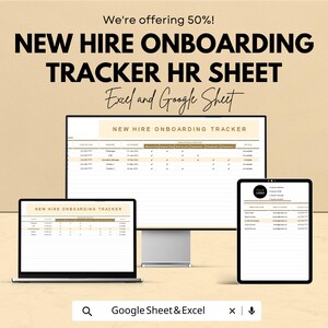 Könnte beinhalten: Digitales Marketing-Bild, das ein "New Hire Onboarding Tracker HR Sheet" für Excel und Google Sheet bewirbt. Das Bild zeigt einen Laptop, einen Desktop-Monitor und ein Tablet, auf dem der Tracker angezeigt wird. Text enthält "We're offering 50%!"