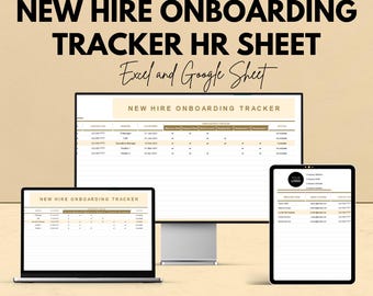 May include: A digital marketing image promoting a "New Hire Onboarding Tracker HR Sheet" for Excel and Google Sheet. The image shows a laptop, desktop monitor, and tablet displaying the tracker. Text includes "We're offering 50%!"