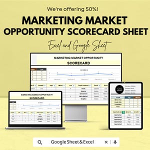 May include: A digital marketing opportunity scorecard sheet displayed on a laptop, desktop monitor, and tablet. The text reads "Marketing Market Opportunity Scorecard Sheet" and "Excel and Google Sheet". The image also includes the text "We're offering 50%!"
