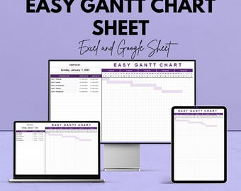 Może przedstawiać: Reklama dla Easy Gantt Chart Sheet, wyświetlana na laptopie, monitorze stacjonarnym i tablecie. Tekst zawiera "Oferujemy 50%!" i "Excel i Google Sheet". Wykres Gantta jest wyświetlany w kolorze fioletowym i białym.
