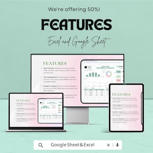 May include: A promotional image showcasing a legal case management dashboard. The word "FEATURES" is displayed prominently. The image includes a laptop, a monitor, and a tablet, each displaying the dashboard interface. The text "Excel and Google Sheet" is also visible.