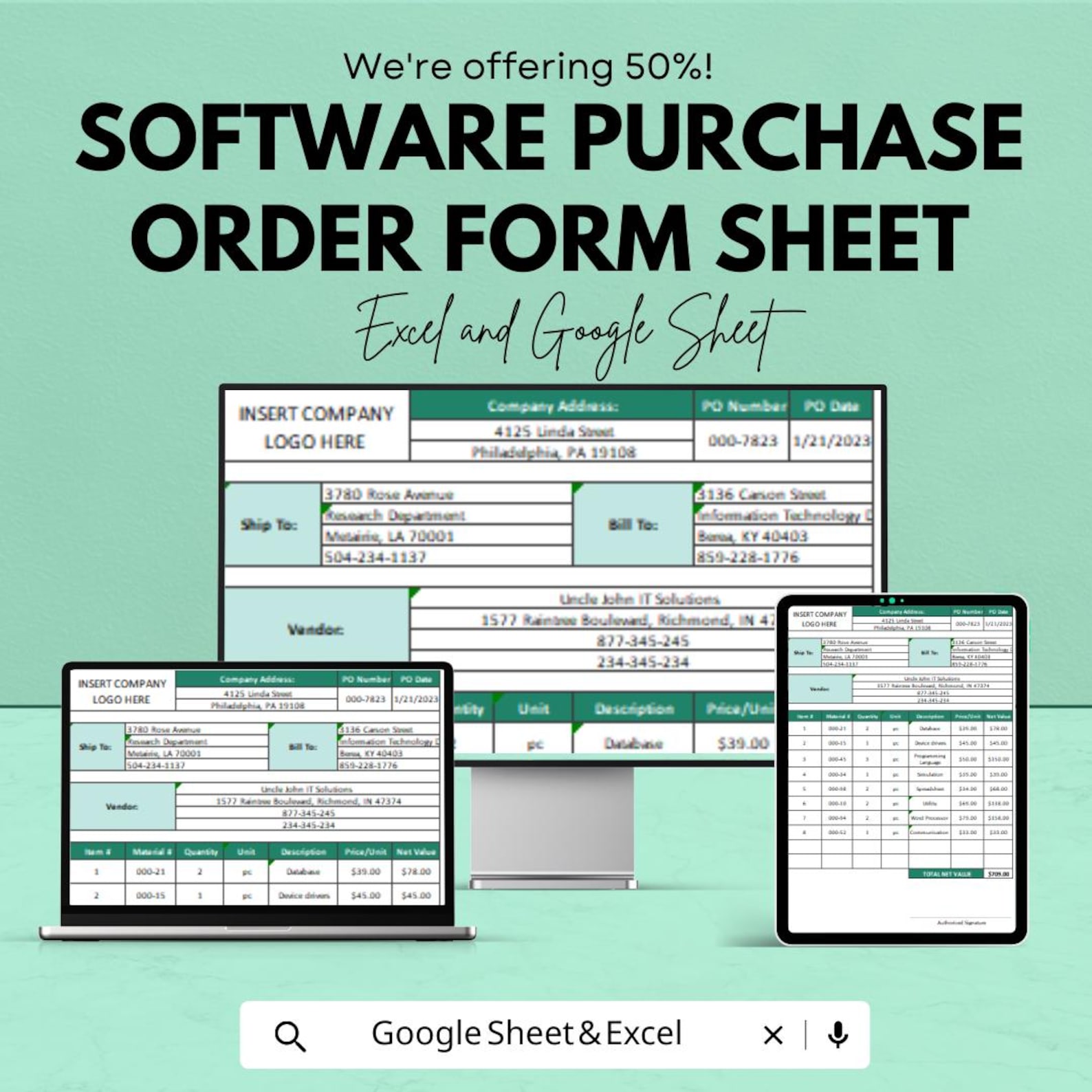 Software Purchase Order Form Sheet for Excel & Google Sheets ...