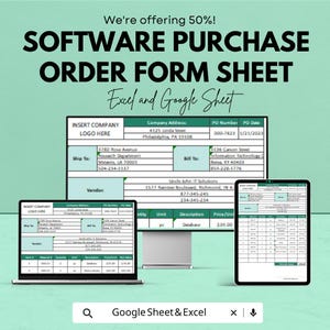 Può includere: Annuncio per un modulo d'ordine software, che offre uno sconto del 50%. Il testo include "Excel e Google Sheet". L'immagine mostra il modulo visualizzato su un laptop, tablet e smartphone.