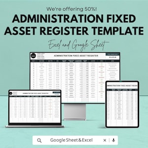 Op de afbeelding: Een advertentie voor een administratie vaste activa register sjabloon. De tekst "We bieden 50%!" staat bovenaan. De sjabloon wordt weergegeven op een laptop, desktopmonitor en tablet. De woorden "Excel en Google Sheet" zijn ook zichtbaar.