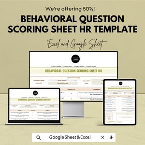 May include: An advertisement for a Behavioral Question Scoring Sheet HR Template, offering a 50% discount. The template is displayed on a laptop, desktop monitor, and tablet. The text includes "Excel and Google Sheet".