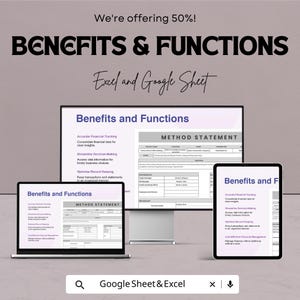 May include: A digital marketing image showcasing the benefits and functions of Excel and Google Sheets. The image displays a laptop, tablet, and monitor, each displaying a spreadsheet. Text includes "Benefits and Functions" and "Google Sheet & Excel."