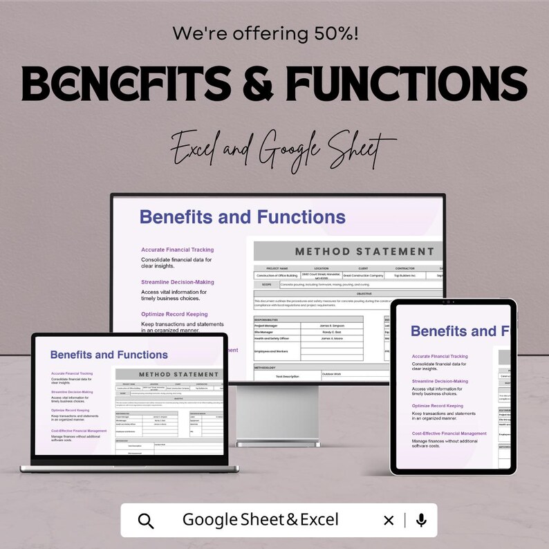 May include: A digital marketing image showcasing the benefits and functions of Excel and Google Sheets. The image displays a laptop, tablet, and monitor, each displaying a spreadsheet. Text includes "Benefits and Functions" and "Google Sheet & Excel."