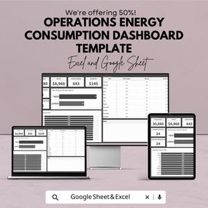 May include: A computer monitor, laptop, and tablet showing an "Operations Energy Consumption Dashboard Template." The image includes the text "We're offering 50%!" and "Excel and Google Sheet."