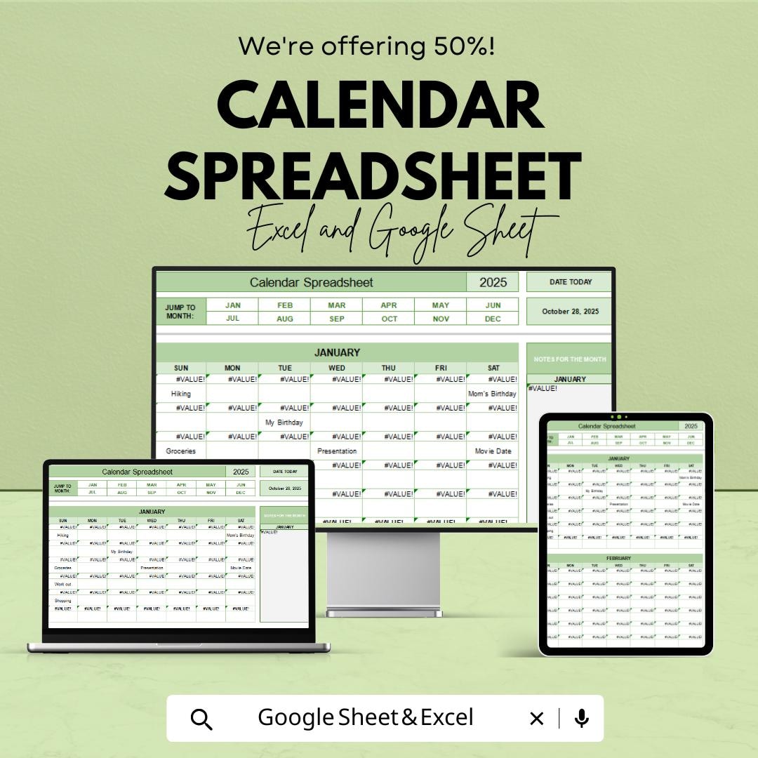 Calendar Spreadsheet Template | Editable Yearly Planner | Monthly ...
