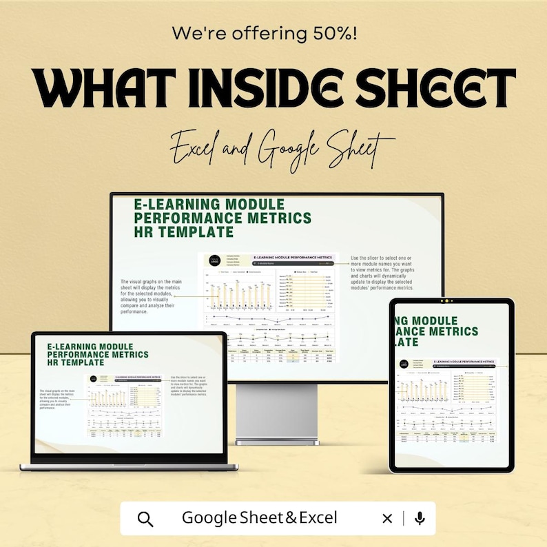 Może przedstawiać: Reklama produktu Excel i Google Sheet. Obraz przedstawia laptopa, monitor stacjonarny i tablet wyświetlające arkusz kalkulacyjny zatytułowany "E-LEARNING MODULE PERFORMANCE METRICS HR TEMPLATE". Tekst "WHAT INSIDE SHEET" jest wyraźnie widoczny.