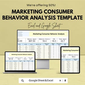 May include: A digital marketing template displayed on a laptop, desktop monitor, and tablet. The template, titled "Marketing Consumer Behavior Analysis," is shown in Excel and Google Sheets. The image includes the text "We're offering 50%!" and "Google Sheet & Excel."