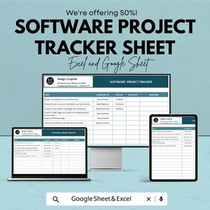 May include: A promotional image for a software project tracker sheet. The image shows a computer monitor, laptop, and tablet displaying the tracker. Text on the image reads "Software Project Tracker Sheet" and "Excel and Google Sheet."