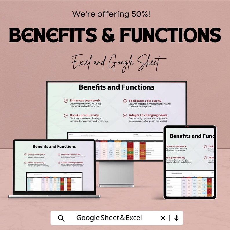 May include: An advertisement for Excel and Google Sheet, highlighting the benefits and functions. The image shows a laptop, desktop monitor, and tablet displaying the software interface, with the text "Benefits & Functions" and "We're offering 50%!"