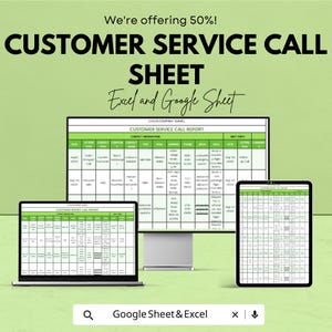 Könnte beinhalten: Eine digitale Grafik, die ein Kundendienst-Anrufblatt auf einem Laptop, einem Desktop-Monitor und einem Tablet zeigt. Der Text lautet "CUSTOMER SERVICE CALL SHEET Excel and Google Sheet". Der Hintergrund ist hellgrün.