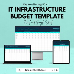 May include: An advertisement for an IT Infrastructure Budget Template. The image shows a laptop, desktop monitor, and tablet displaying the template. The text reads "IT INFRASTRUCTURE BUDGET TEMPLATE Excel and Google Sheet". The background is a light teal color.
