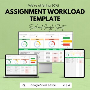 May include: A digital assignment workload template displayed on a laptop, desktop monitor, and tablet. The template shows assignment status with percentages and a priority indicator. The text reads "ASSIGNMENT WORKLOAD TEMPLATE" and "Excel and Google Sheet".