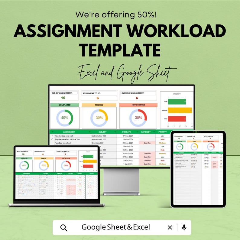 May include: A digital assignment workload template displayed on a laptop, desktop monitor, and tablet. The template shows assignment status with percentages and a priority indicator. The text reads "ASSIGNMENT WORKLOAD TEMPLATE" and "Excel and Google Sheet".