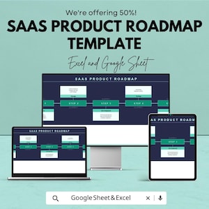May include: A digital product roadmap template displayed on a laptop, desktop monitor, and tablet. The text reads "SAAS PRODUCT ROADMAP TEMPLATE" and "Excel and Google Sheet". The background is a teal colour.