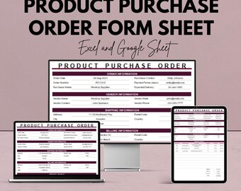May include: A digital product purchase order form sheet displayed on a laptop, desktop monitor, and tablet. The text reads "PRODUCT PURCHASE ORDER FORM SHEET" and "Excel and Google Sheet". The background is a light mauve colour.