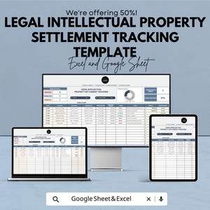 May include: An advertisement for a Legal Intellectual Property Settlement Tracking Template. The text includes "We're offering 50%!" and "Excel and Google Sheet." The template is displayed on a laptop, desktop monitor, and tablet.