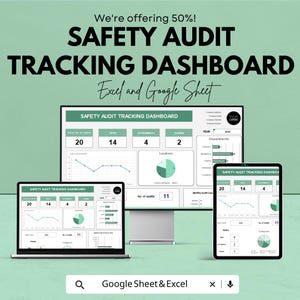 Puede incluir: Un anuncio de un panel de control de seguimiento de auditorías de seguridad, que se muestra en un portátil, un monitor de escritorio y una tableta. El panel de control muestra visualizaciones de datos y el texto "SAFETY AUDIT TRACKING DASHBOARD" y "Excel and Google Sheet". El anuncio ofrece un 50% de descuento.