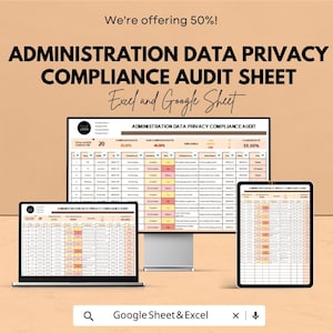 Può includere: Annuncio per un foglio di controllo della conformità della privacy dei dati amministrativi, visualizzato su laptop, monitor e tablet. Il testo "We're offering 50%!" è in alto. Disponibile in formati Excel e Google Sheet.