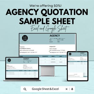 May include: A digital marketing agency quotation sample sheet displayed on a laptop, desktop monitor, and tablet. The sheet is light blue and white, with the agency's logo in the top left corner. The text "AGENCY QUOTATION SAMPLE SHEET" is prominently displayed.