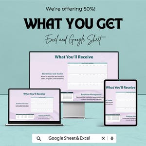 May include: An advertisement for Excel and Google Sheet templates. The image shows a laptop, tablet, and monitor displaying the templates. Text includes "What You Get" and "What You'll Receive". The ad offers a 50% discount.