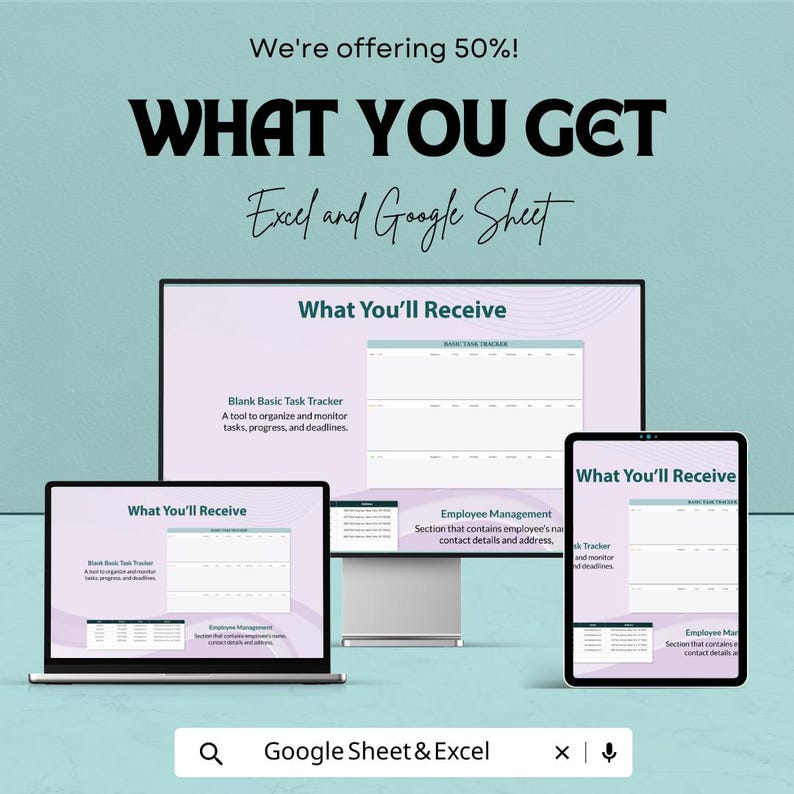 May include: An advertisement for Excel and Google Sheet templates. The image shows a laptop, tablet, and monitor displaying the templates. Text includes "What You Get" and "What You'll Receive". The ad offers a 50% discount.