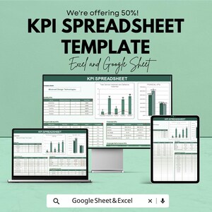 Puede incluir: Imagen promocional de una plantilla de hoja de cálculo KPI, mostrada en un portátil, un monitor de escritorio y una tableta. El texto dice "KPI SPREADSHEET TEMPLATE Excel and Google Sheet". El fondo es de color verde claro, con el texto "We're offering 50%!" en la parte superior.