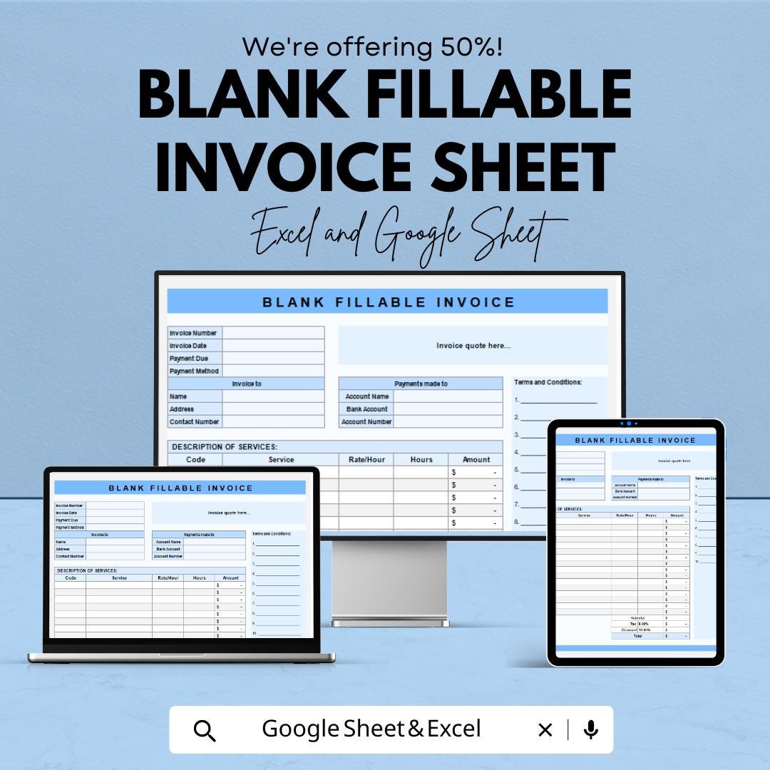 Blank Fillable Invoice Template - Customizable Excel & Google Sheets ...