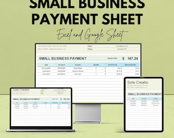 May include: An advertisement for a small business payment sheet, offering a 50% discount. The image shows a laptop, desktop monitor, and tablet displaying the payment sheet. The text reads "Small Business Payment Sheet" and "Excel and Google Sheet."