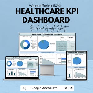 May include: A digital display of a healthcare KPI dashboard, showcasing data visualizations on a laptop, desktop, and tablet. The dashboard includes charts and graphs related to patient satisfaction, demographics, and financial performance. Text on the image reads "Healthcare KPI Dashboard" and "Excel and Google Sheet."