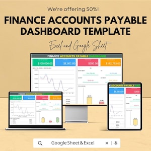 May include: A digital finance accounts payable dashboard template displayed on a laptop, monitor, and tablet. The dashboard shows financial data with charts and figures. The text reads "Finance Accounts Payable Dashboard Template" and "Excel and Google Sheet".
