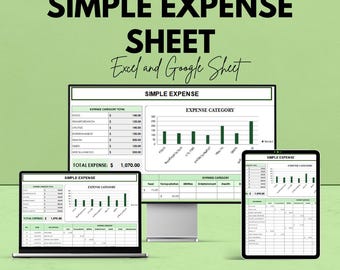 May include: An advertisement for a simple expense sheet, displayed on a laptop, desktop monitor, and tablet. The text reads "SIMPLE EXPENSE SHEET" and "Excel and Google Sheet". The total expense is $1,070.00.
