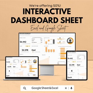 以下が含まれることがあります： ExcelとGoogleシートに対応した、インタラクティブダッシュボードシートの広告。画像には、データ視覚化を表示するコンピューター、ラップトップ、タブレットが表示され、「We're offering 50%!」と「Interactive Dashboard Sheet」というテキストが表示されています。
