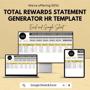 May include: A digital HR template for total rewards statements, displayed on a computer monitor, laptop, and tablet. The text reads "TOTAL REWARDS STATEMENT GENERATOR HR TEMPLATE" and "Excel and Google Sheet". The image includes a logo and financial data.