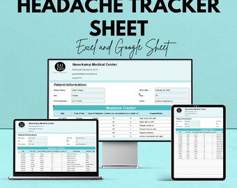 Mall för huvudvärksspårning - Excel och Google Sheets, spåra symtom, utlösare och behandling, direkt nedladdning, personlig hälsojournal