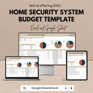 Può includere: Immagine promozionale per un modello di budget per un sistema di sicurezza domestica. Il testo recita "Offriamo il 50%! MODELLO DI BUDGET DEL SISTEMA DI SICUREZZA DOMESTICA Excel e Google Sheet". Il modello è visualizzato su un laptop, un monitor e un tablet.